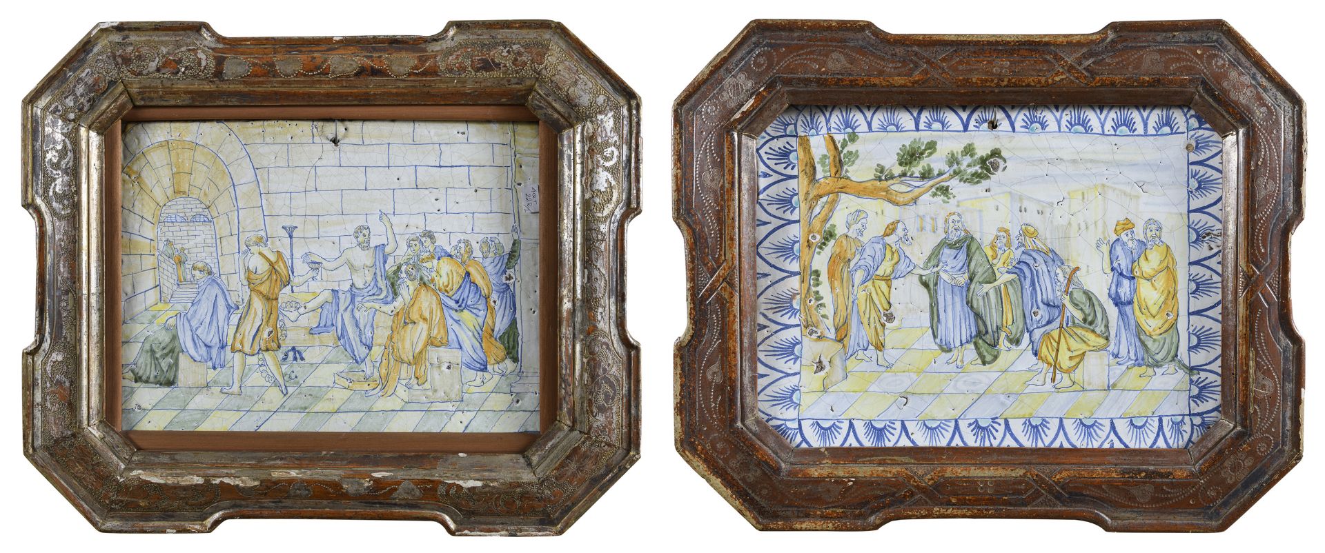 PAIR OF MAJOLICA TILES PROBABLY 19TH CENTURY ROMAN CASTLES