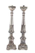 PAIR OF SILVER-PLATED WOOD CANDLESTICKS LATE 18TH CENTURY