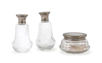 TWO PERFUME BOTTLES AND A POWDER TIN IN GLASS AND SILVER FLORENCE ca. 1950.