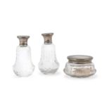 TWO PERFUME BOTTLES AND A POWDER TIN IN GLASS AND SILVER FLORENCE ca. 1950.