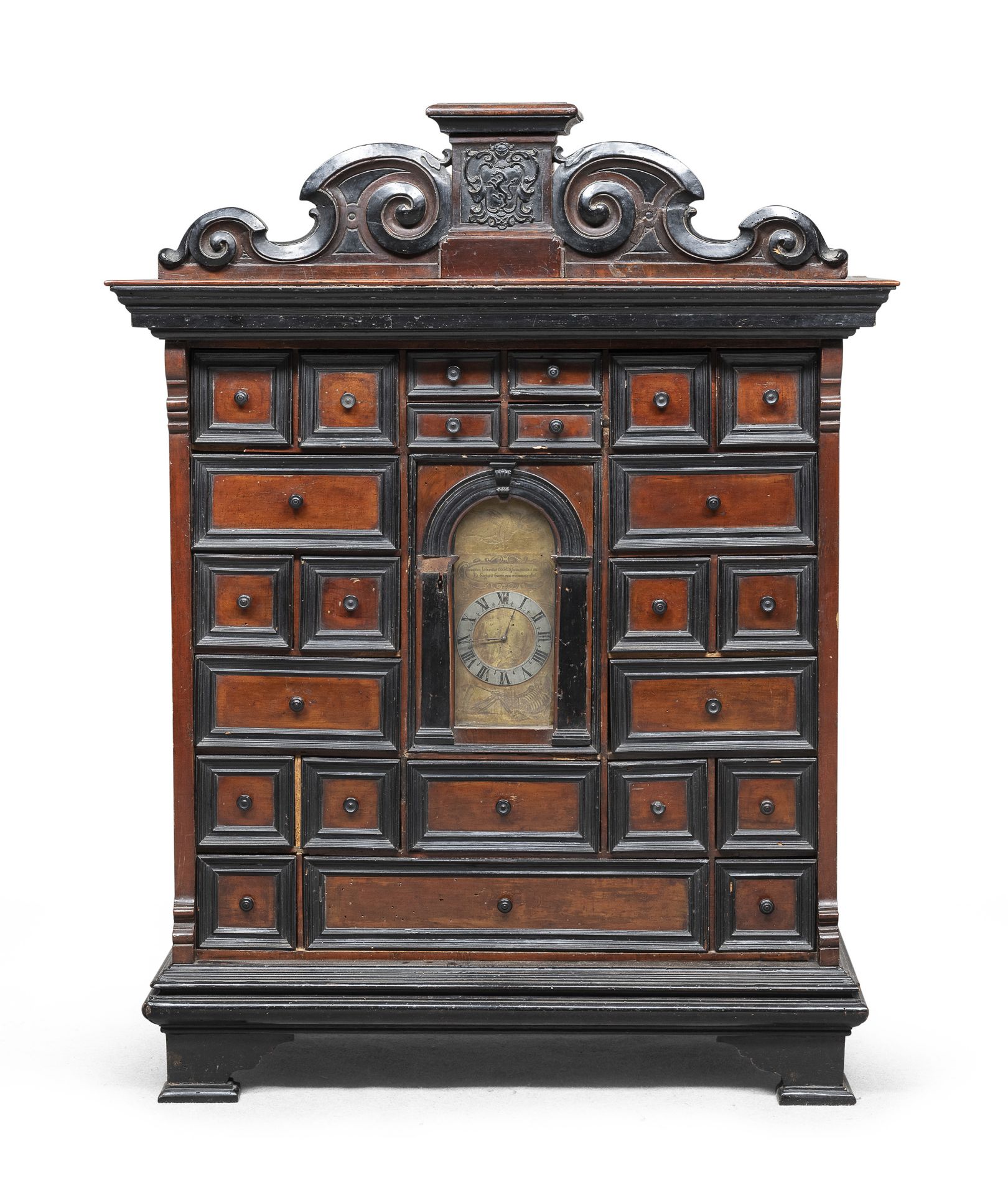 RARE WALNUT COIN CABINET WITH CLOCK PROBABLY ROME 18TH CENTURY