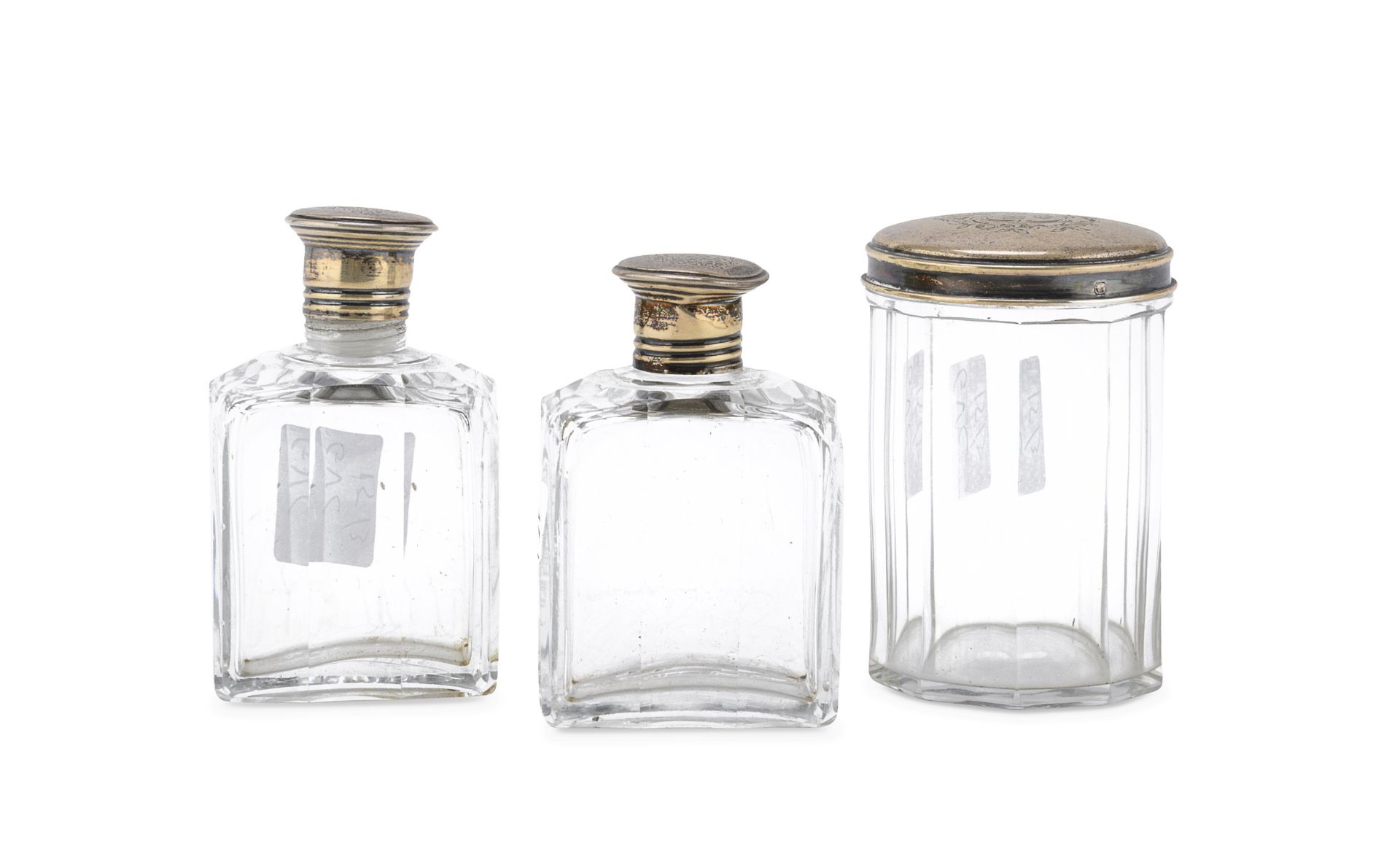THREE GLASS AND SILVER PERFUME BOTTLES FRANCE MID 20TH CENTURY