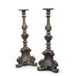 PAIR OF SILVER-PLATED WOODEN FLOOR CANDLESTICKS 17TH CENTURY ROME