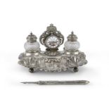 SILVER INKWELL WITH CLOCK 19th CENTURY GERMANY