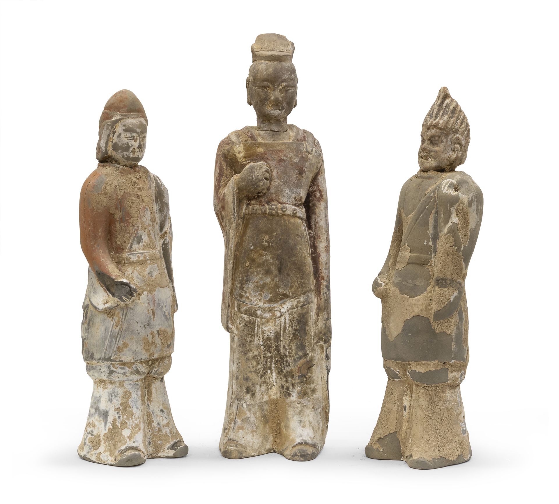 THREE CHINESE POLYCHROME DECORATED TERRACOTTA SCULPTURES HAN DYNASTY