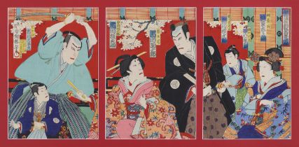 A JAPANESE POLYCHROME WOODCUT TRYPTICH ON PAPER BY UTAGAWA KUNISADA III.