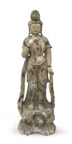 A CHINESE POLYCHROME AND BLACK PAINTED WOOD SCULPTURE DEPICTING GUANYIN 20TH CENTURY