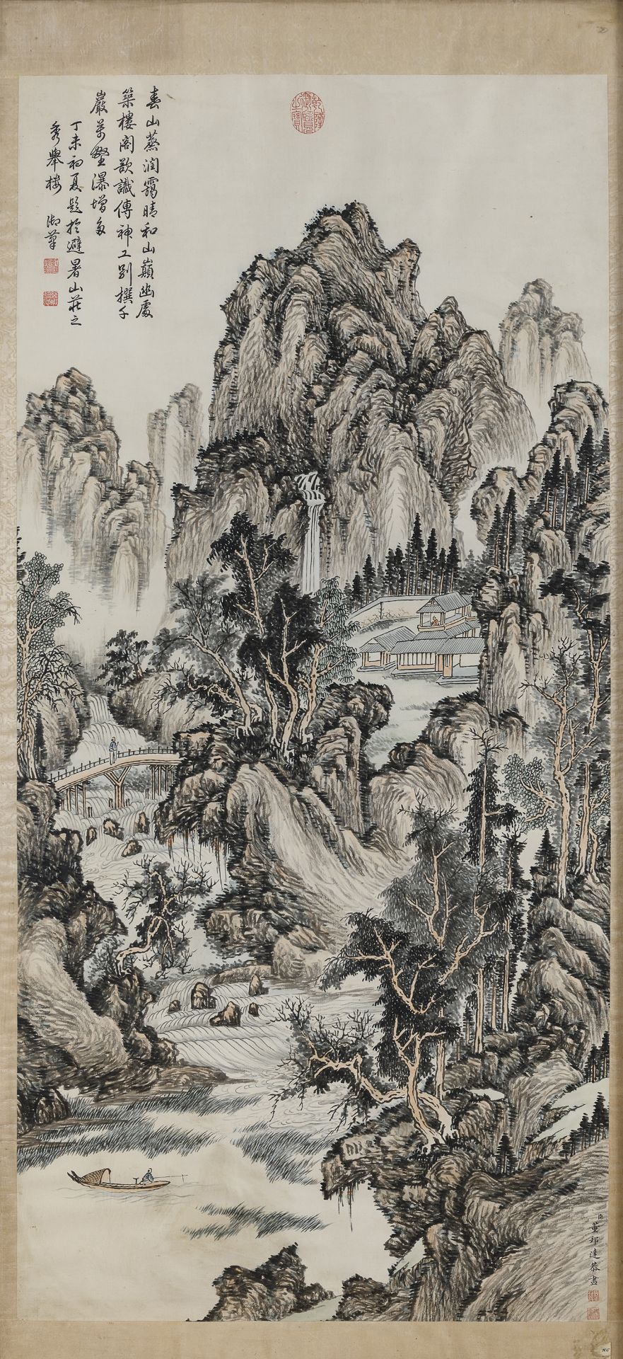 A CHINESE MIXED MEDIA LANDSCAPE ON SILK 20TH CENTURY. DEFECTS.