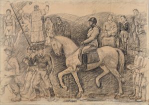 CHARCOAL DRAWING OF MUSSOLINI ON HORSEBACK ATT. TO LUIGI PASQUINI 1937