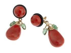 GOLD EARRINGS WITH CORALS ONYX EMERALDS AND GLITTER