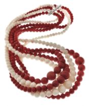 SIX-STRAND RED AND WHITE CORAL NECKLACE