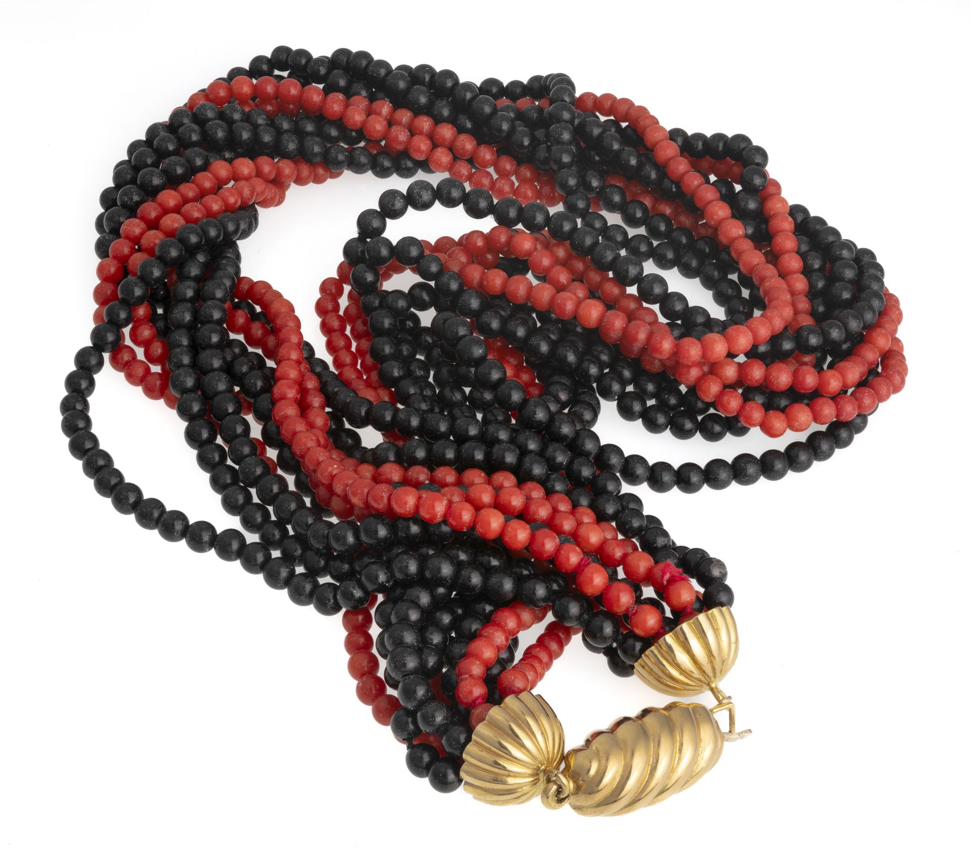 FOUR STRAND CORAL AND ONYX NECKLACE