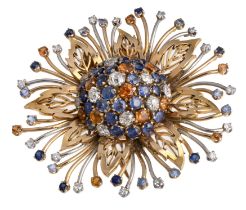 GOLD BROOCH WITH SAPPHIRES TOPAZES AND DIAMONDS