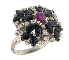 WHITE GOLD RING WITH SAPPHIRES RUBY AND DIAMONDS