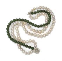 THREE-STRAND JADE AND PEARL NECKLACE