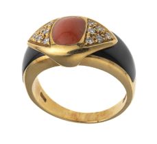 GOLD RING WITH CORAL ONYX AND DIAMONDS