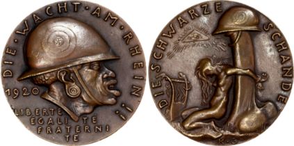 Germany, The Watch on the Rhine ? and The Black Shame, cast bronze medal, 1920, by Karl Goet