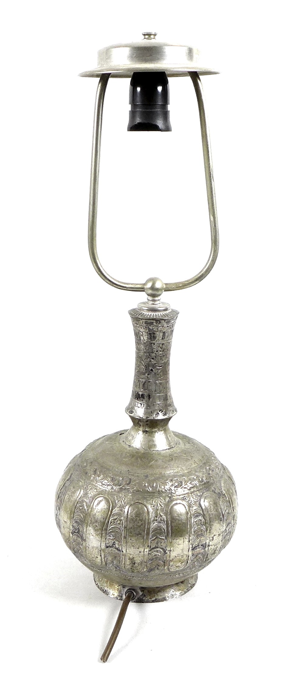 A white metal or brass silvered bottle vase, likely 19th century Indian the gourd form base - Image 2 of 5