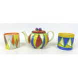 A group of Clarice Cliff Bizarre wears, comprising two drum shaped preserve pots, including '