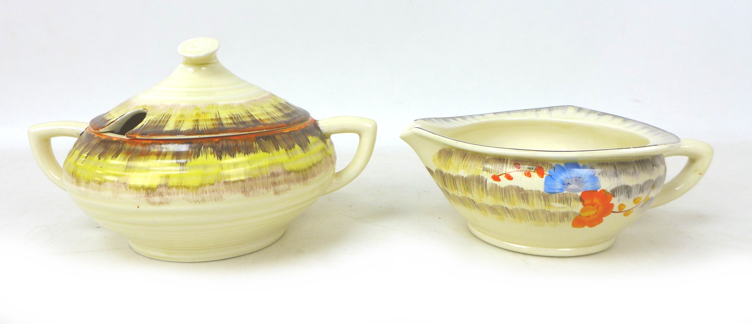 A Clarice Cliff Lynton tureen with cover, with twin handles, 'Aura (yellow)' 6311, Bizarre mark to