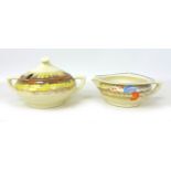A Clarice Cliff Lynton tureen with cover, with twin handles, 'Aura (yellow)' 6311, Bizarre mark to