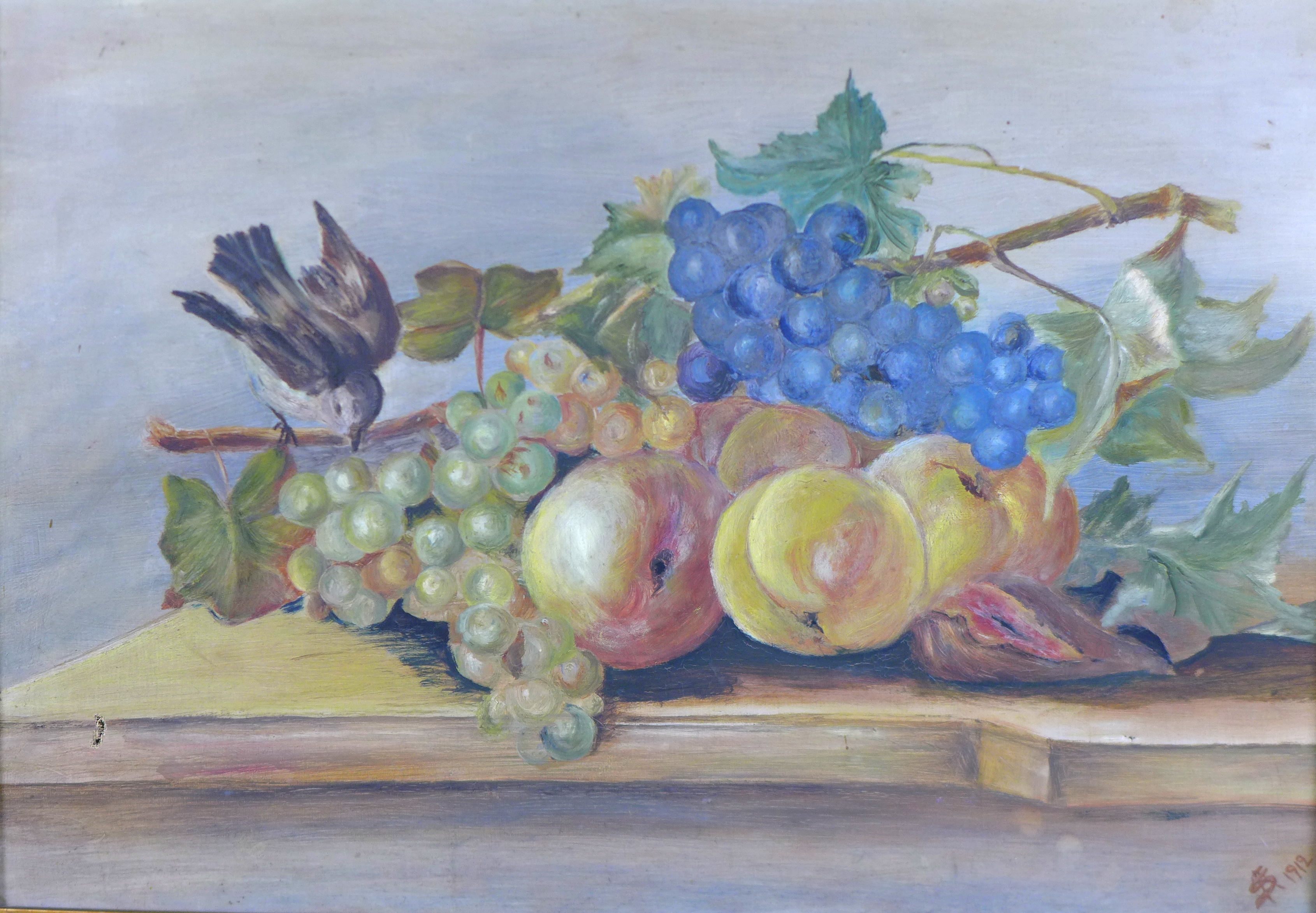 A pair of Edwardian still life paintings of fruit, each monogrammed ‘AS’ and dated 1912, framed. (2) - Image 2 of 10