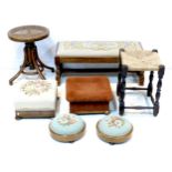 A group of seven stools, comprising a pair of Victorian circular footstools, with embroidered