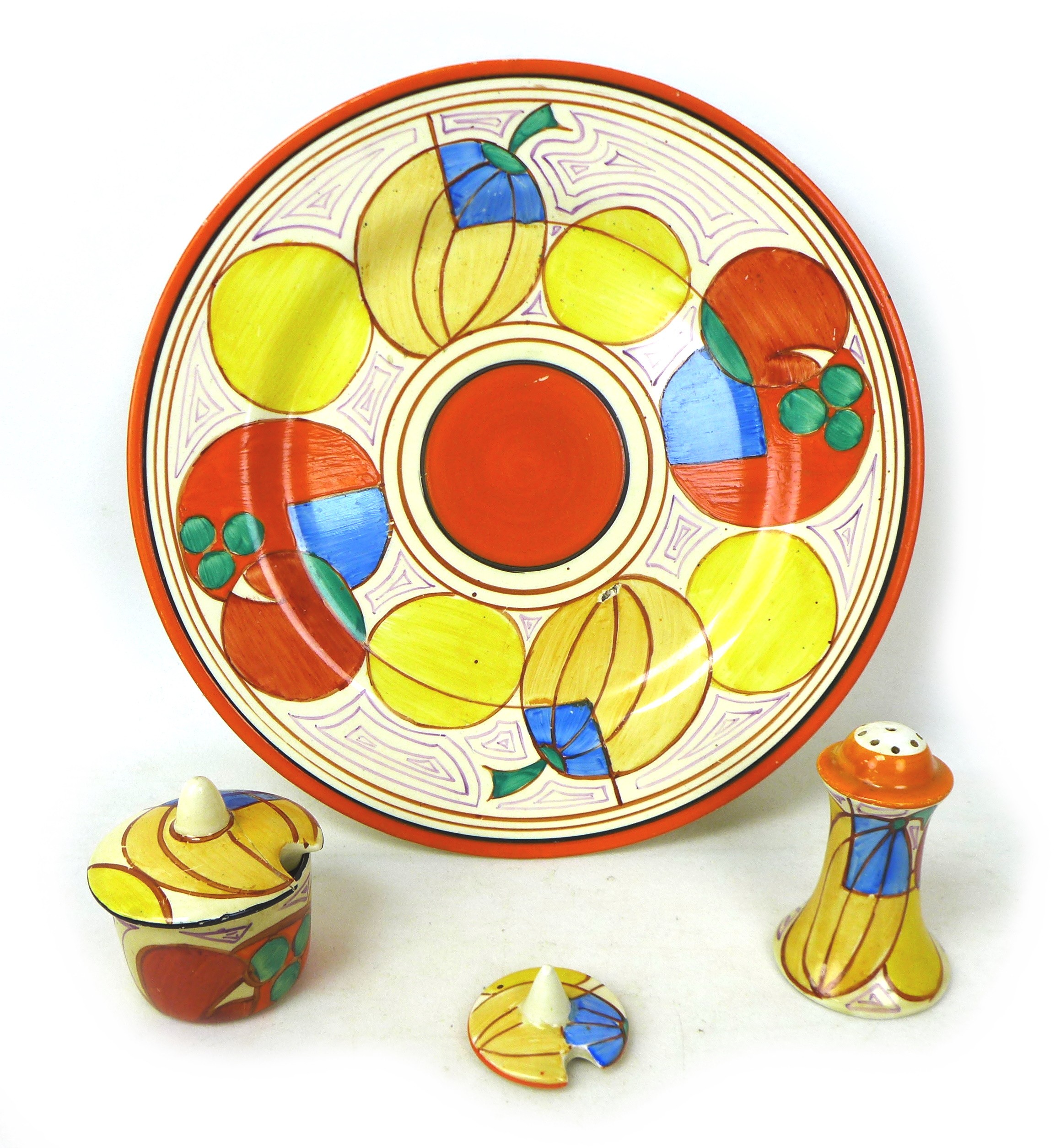 A collection of Clarice Cliff 'Melon' design items, comprising Bizarre Fantasque plate, 25cm