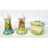 A Clarice Cliff 'Sandon' Muffineer cruet set, hand painted marks to the base of the mustard pot,