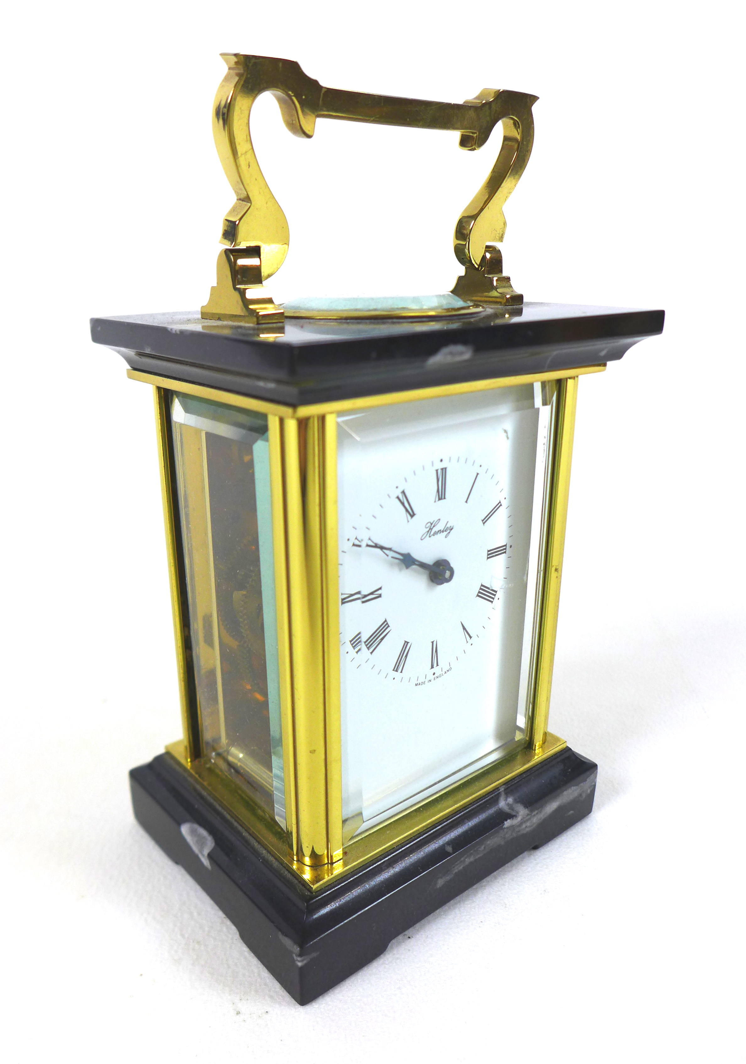 A mid 20th century brass cased carriage clock, the white enamel dial decorated with painted flowers, - Image 7 of 8