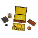 A satinwood and walnut inlaid sewing box, 28 by 19.5 by 12cm high, together with other collectables,