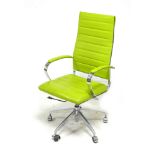 A modern a leather and chrome desk chair, with lime green leather seat and back, on chrome swivel