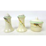 A Clarice Cliff Wilkinson Ltd 'Miami' cruet set, unmarked, tallest 8cm high. (3)