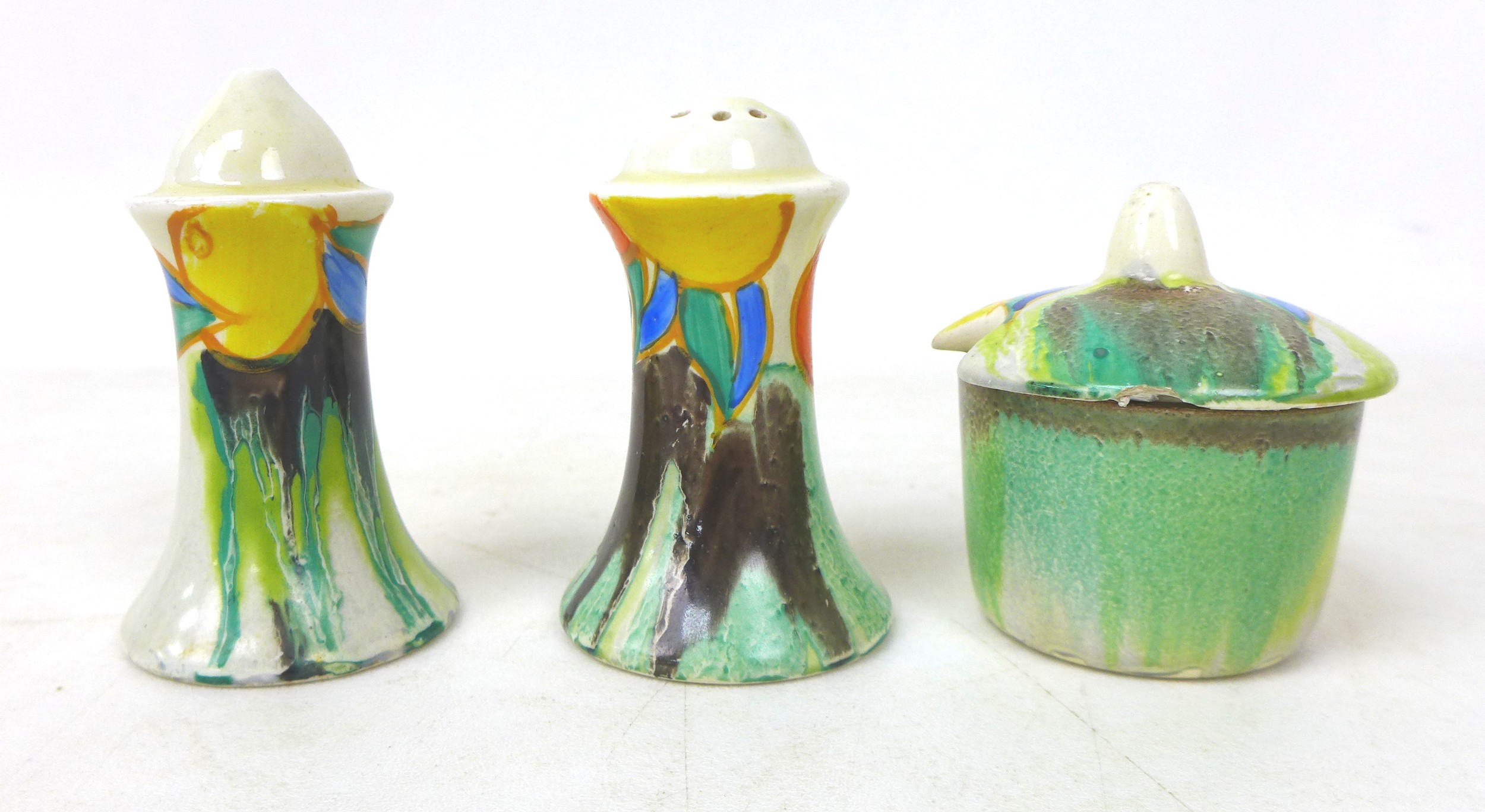 A Clarice Cliff 'Delecia Citrus' Muffineer cruet set, Bizarre and Newport Pottery marks to base, 8cm - Image 2 of 3