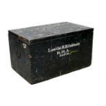 A large Edwardian pine travelling chest, painted black with inscribed white lettering 'Lieut Col