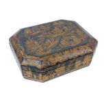 A 19th century Chinoiserie octagonal form lacquer trinket box, decorated with oriental island