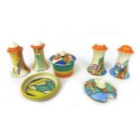 A mixed collection of Clarice Cliff, comprising a 'Double V' cruet pot and pin dish, two 'Orange