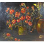 British School (20th century): a still life depicting red flowers in a brass vase, against a black