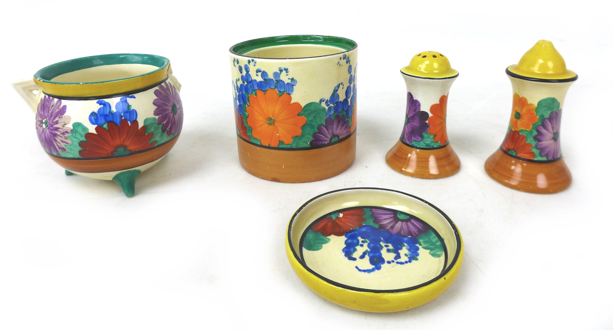 A collection of Clarice Cliff 'Gay Day' pieces, comprising a Cauldron pot, missing handle, 7cm high, - Image 2 of 4