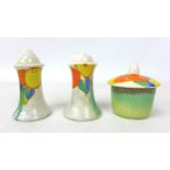 A Clarice Cliff 'Delecia Citrus' Muffineer cruet set, Bizarre and Newport Pottery marks to base, 8cm