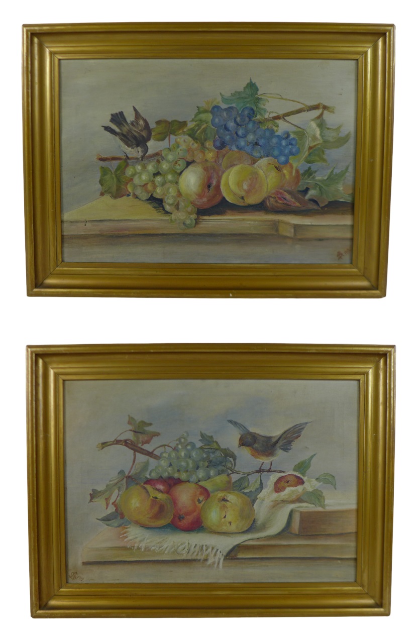 A pair of Edwardian still life paintings of fruit, each monogrammed ‘AS’ and dated 1912, framed. (2)