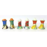 Three sets of Clarice Cliff salt and pepper pots, including 'Delecia Poppy', 'Autumn Blue' and '