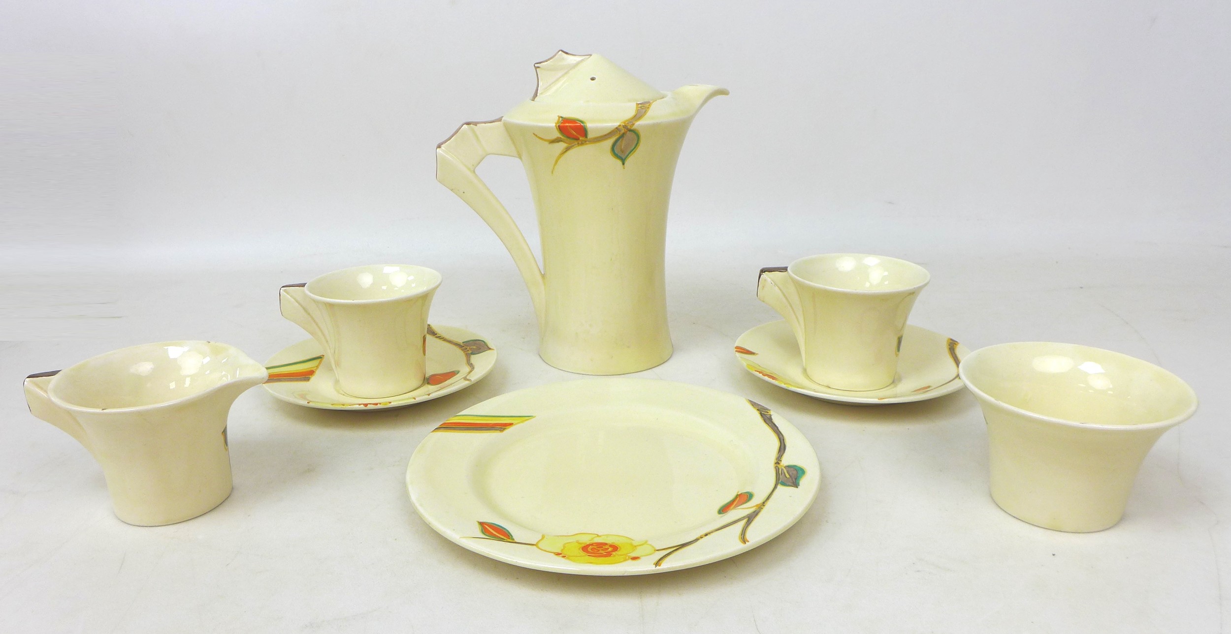 A Clarice Cliff Daffodil part coffee serice, pattern number '2209', in 'Yellow Rose' decoration, - Bild 2 aus 4