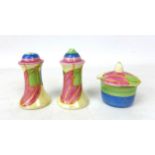 A Clarice Cliff 'Pastel Melon' Muffineer cruet set, each marked to the base, tallest 8cm high. (3)