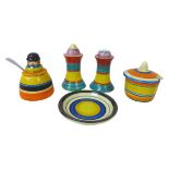 A collection of Clarice Cliff Banded wares, including a 'United Service' cruet mustard with spoon,