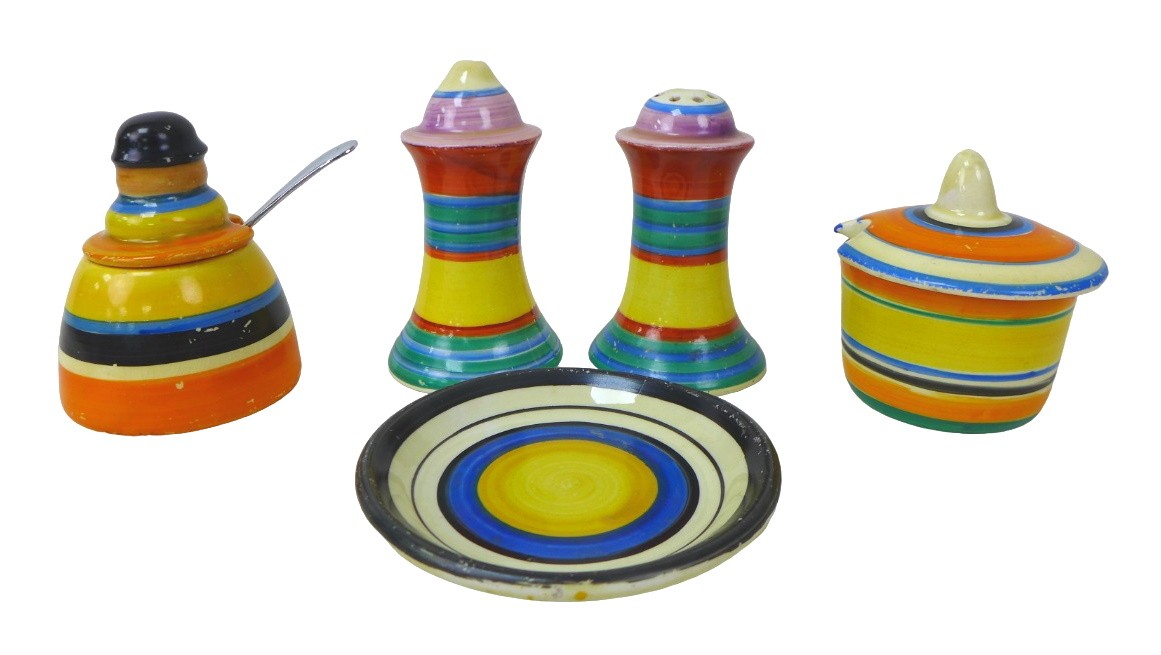 A collection of Clarice Cliff Banded wares, including a 'United Service' cruet mustard with spoon, - Image 2 of 3