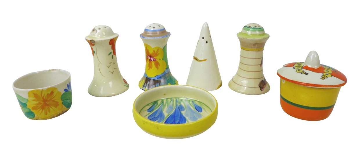 A mixed group of Clarice Cliff, comprising a collection of four pepper pots, including conical ' - Image 2 of 2