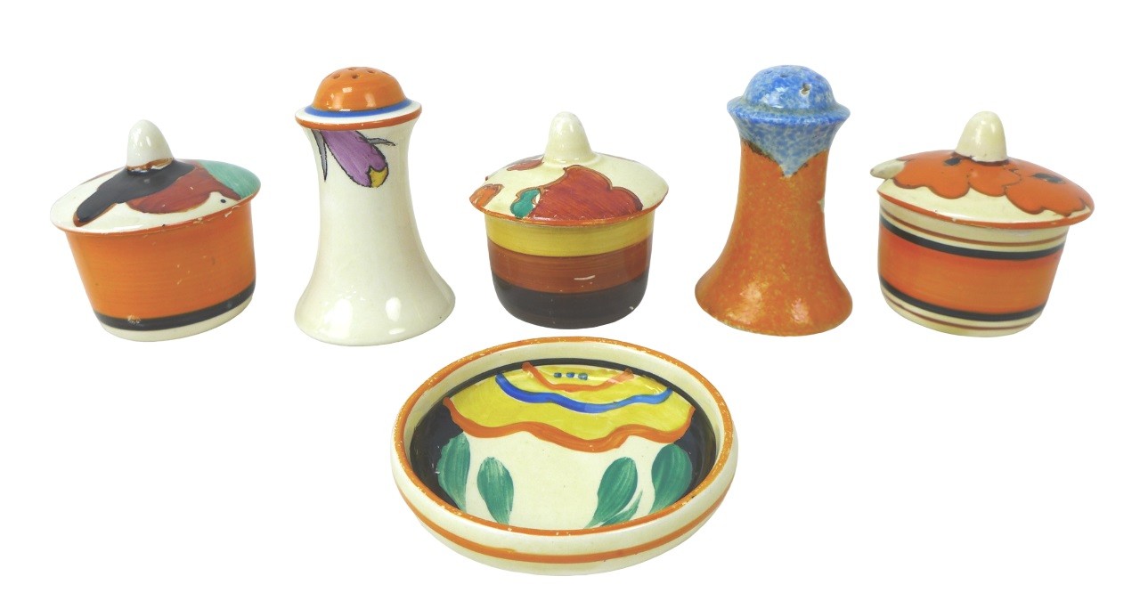 A mixed group of Clarice Cliff, including three cruet mustard pots, including two 'Farmhouse' and - Image 2 of 4