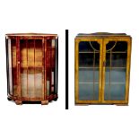 Two vintage walnut veneered display cabinets, one of semi-circular section with single glazed