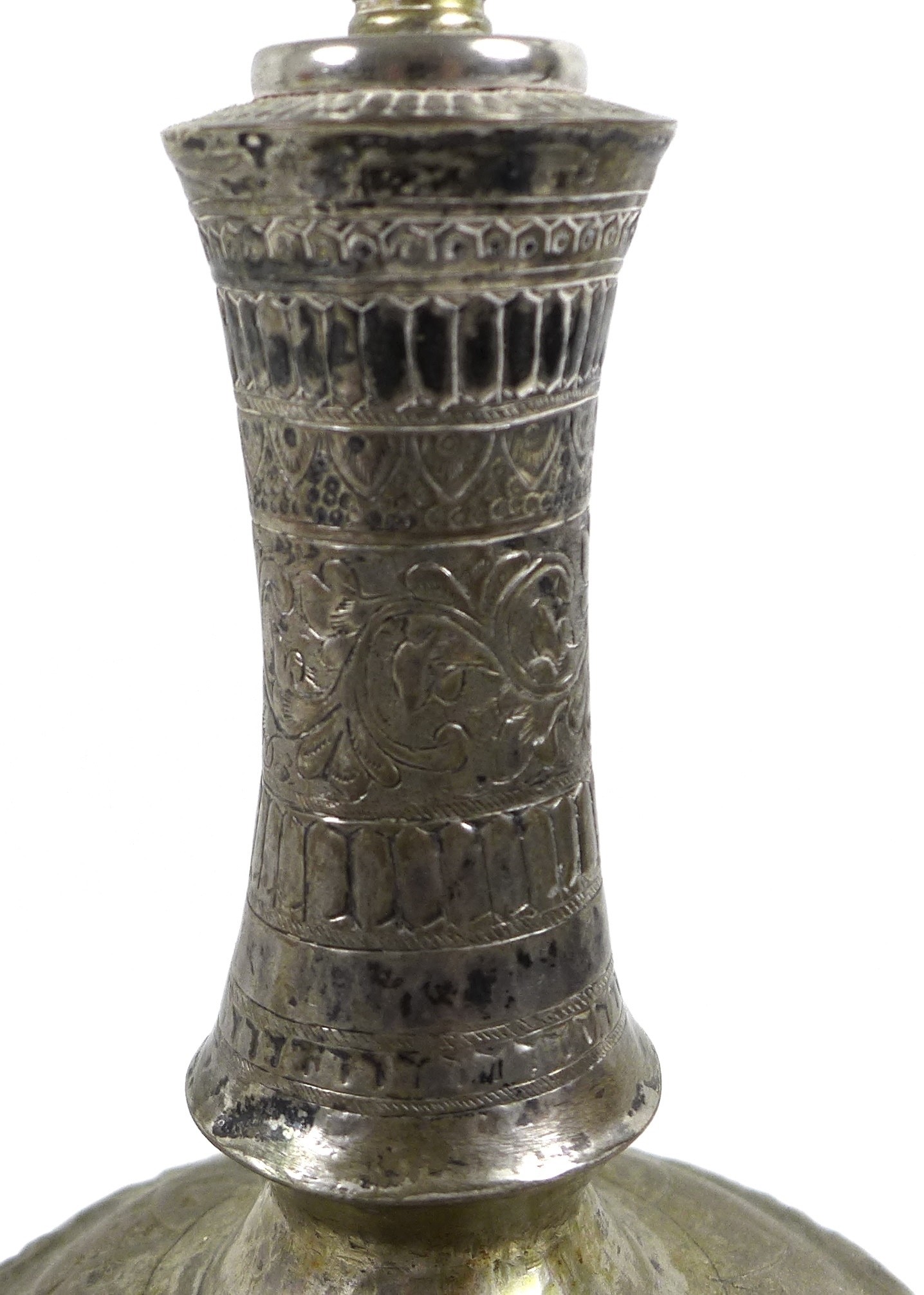 A white metal or brass silvered bottle vase, likely 19th century Indian the gourd form base - Image 3 of 5